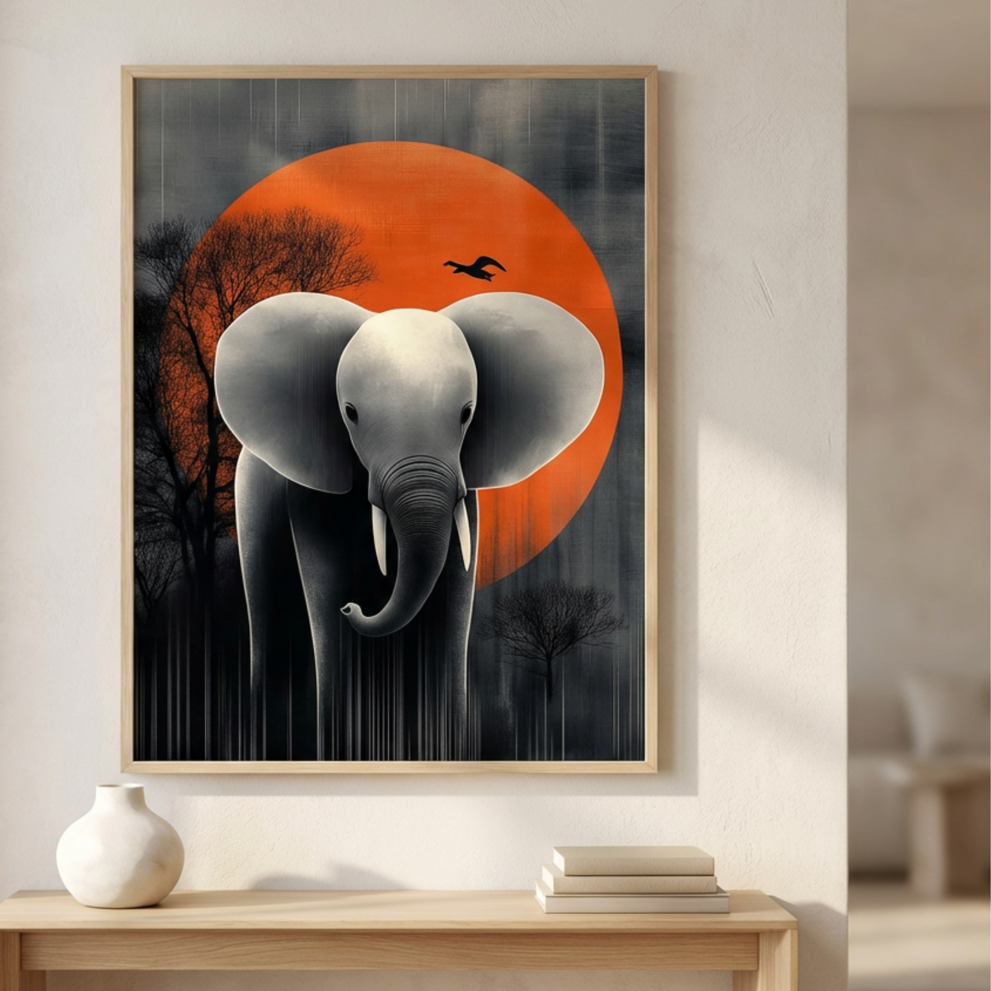 Graceful Elephant in Japanese Landscape, Minimalist Art with Orange Su