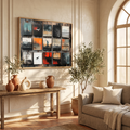 Polaroid collage art above a sofa by arched windows