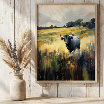 Majestic Black Buffalo, Serene Wildlife in Lush Wildflower Meadow. High Resolution Digital Download 300 DPI