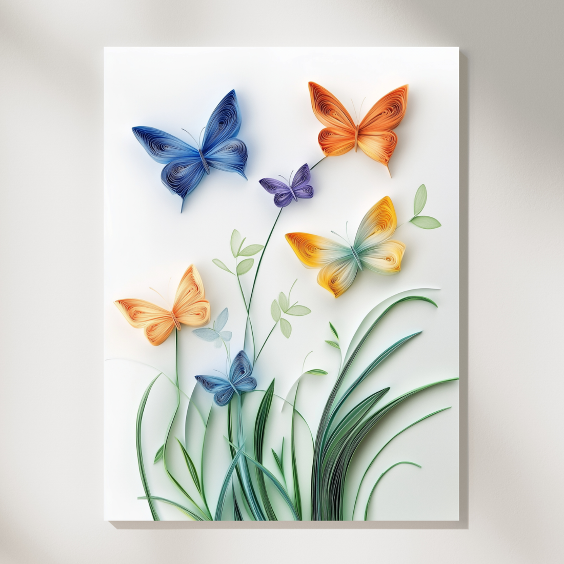 Delicate Paper Quilling, Vibrant Butterfly Dance on Pristine White Background. High Resolution Digital Download 300 DPI
