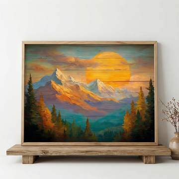 Vintage Mountain Sunset Wall Art with Textured Brush and Wood. High Resolution Digital Download 300 DPI.