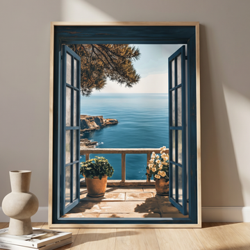 Coastal Serenity, Blue Balcony Sea View Cliff Landscape Wall Art. High Resolution Digital Download 300 DPI.