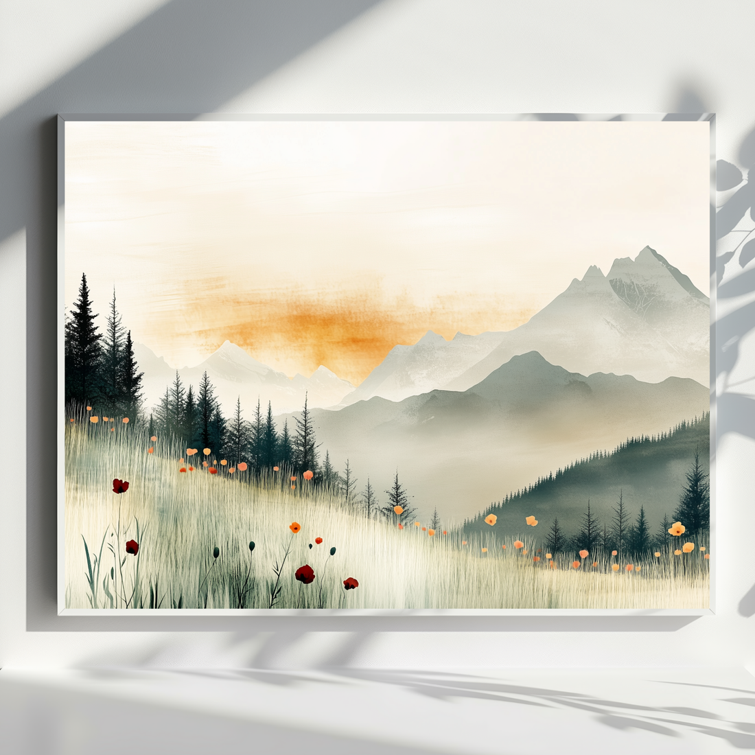 Mountain Landscape Wall Art Green Meadow Poppies Red Sunset. High Resolution Digital Download 300 DPI.