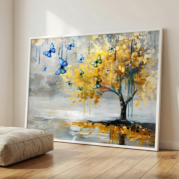 Golden Tree Reflections with Blue Butterflies Modern Abstract Oil Art. High Resolution Digital Download 300 DPI.