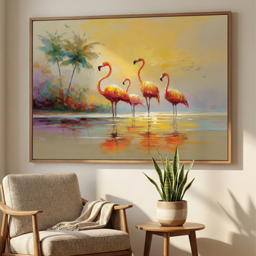 Tropical Flamingos Sunset Beach Scene with Palms Oil Wall Art. High Resolution Digital Download 300 DPI.