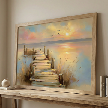 Twilight Lakeside Pier Wall Art with Sunset and Birds. High Resolution Digital Download 300 DPI.