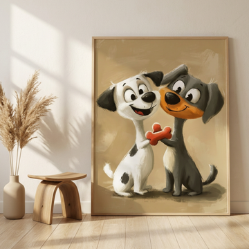 Puppy Love Delight, Whimsical Oil Painting of Quirky Canine Romance. High Resolution Digital Download 300 DPI.
