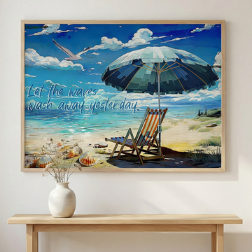 Coastal Beach Scene Painting with Relaxing Umbrella Chair and Inspiring Quote. High Resolution Digital Download 300 DPI.