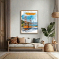 Golden Gate Bridge watercolor print above a cushioned bench with a potted palm