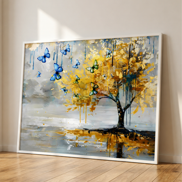 Golden Tree Reflections with Blue Butterflies Modern Abstract Oil Art. High Resolution Digital Download 300 DPI.