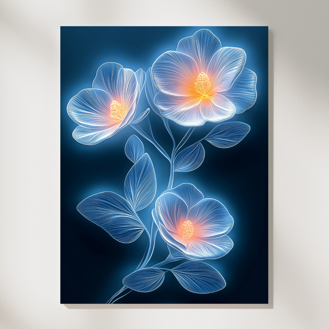 Luminous Floral Elegance, Ethereal Blue and White Blooms in Dramatic Contrast. High Resolution Digital Download 300 DPI