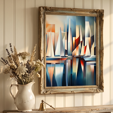 Geometric Marina Night Scene, Modern Yacht Harbor Wall Art Decor. High Resolution Digital Download 300 DPI.