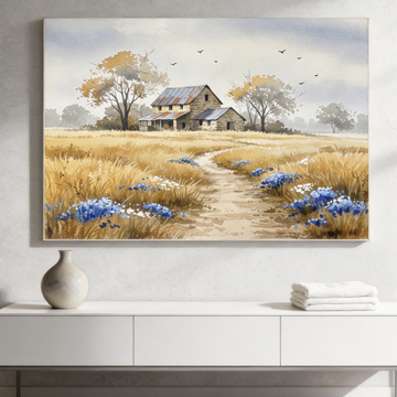 Rustic Watercolor Farmhouse Landscape with Path, Wildflowers, and Autumn Trees. High Resolution Digital Download 300 DPI.