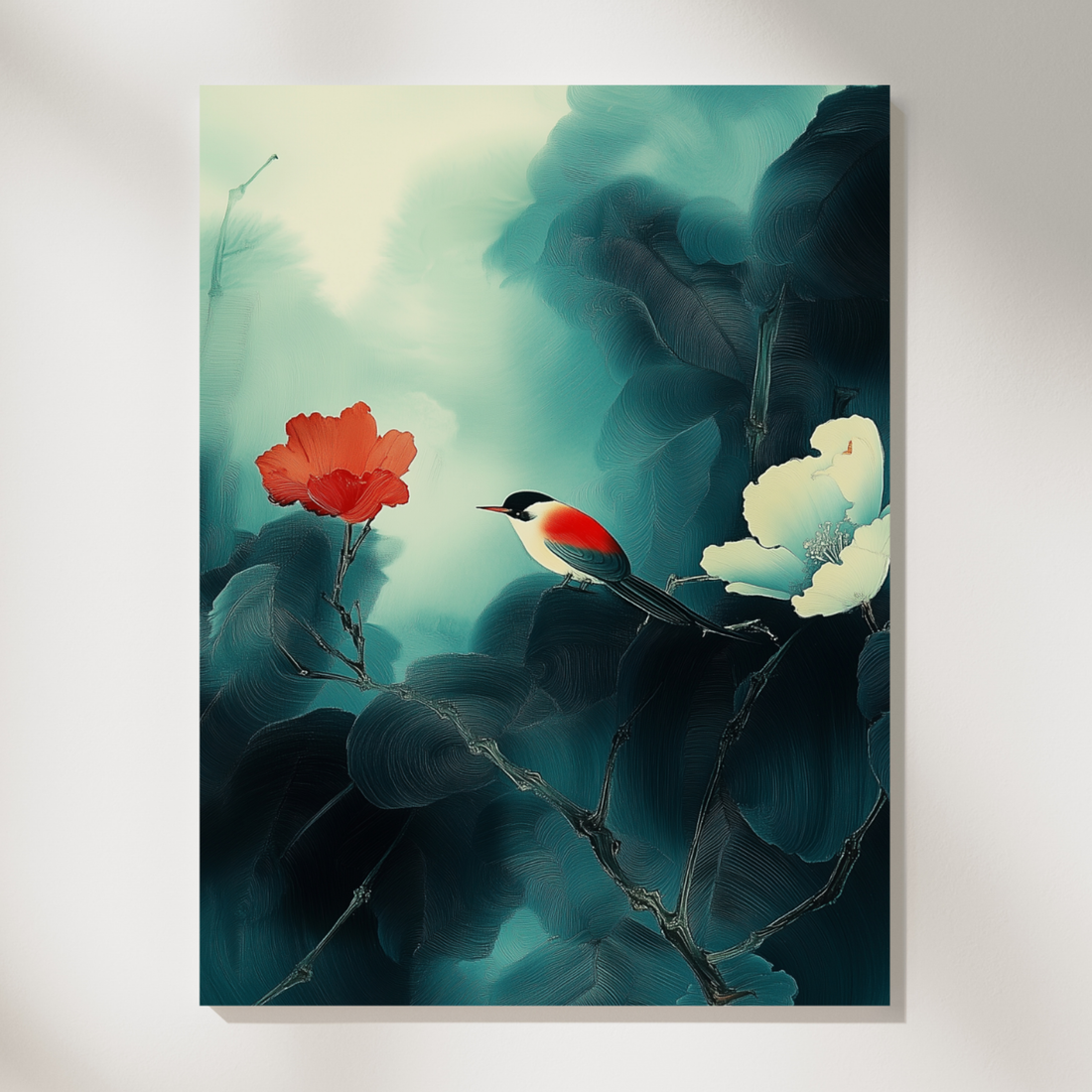 Crimson Serenity, Minimalist Red Bird in Emerald Misty Forest. High Resolution Digital Download 300 DPI