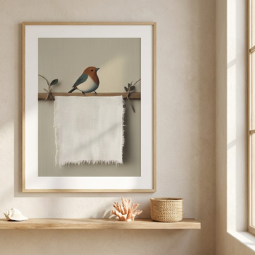 Charming Sparrow, Wall Art of Frayed Linen Cloth and Wooden Frame. High Resolution Digital Download 300 DPI