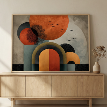 Mid Century Modern Abstract Wall Art with Arches and Birds. High Resolution Digital Download 300 DPI.