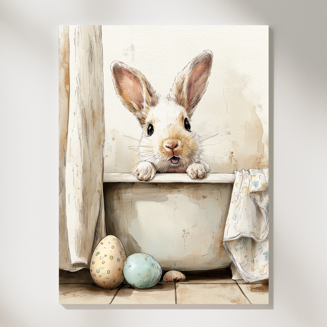 Adorable Bunny with Easter Eggs in Whimsical Dreamy Wall Art. High Resolution Digital Download 300 DPI.