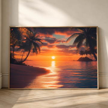 Tropical Paradise Sunset, Realistic Beach Island Palm Trees Wall Art. High Resolution Digital Download 300 DPI.