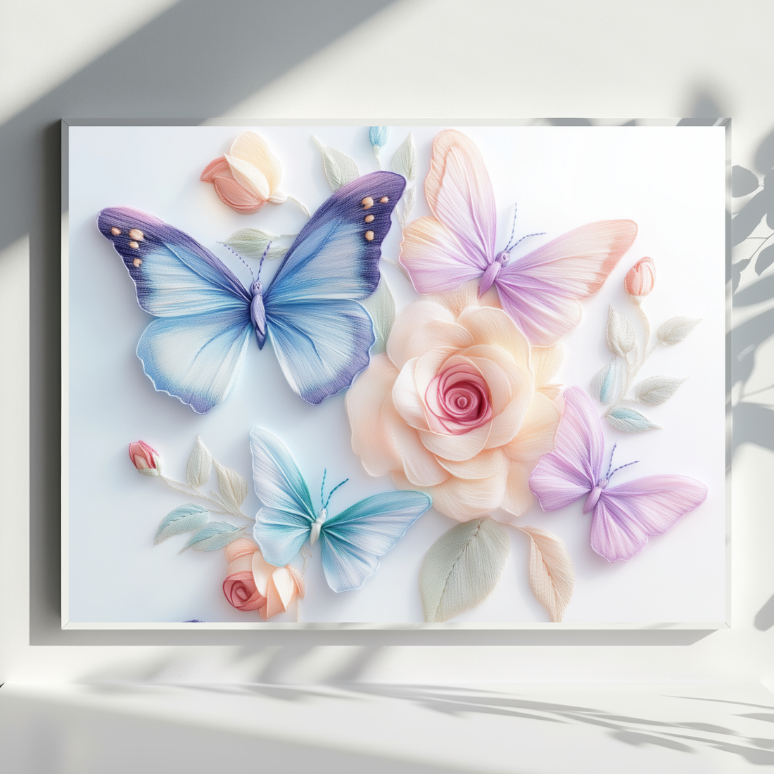 Blooming Butterflies, 3D Embroidered Floral Elegance in Pastel Hues. High Resolution Digital Download 300 DPI