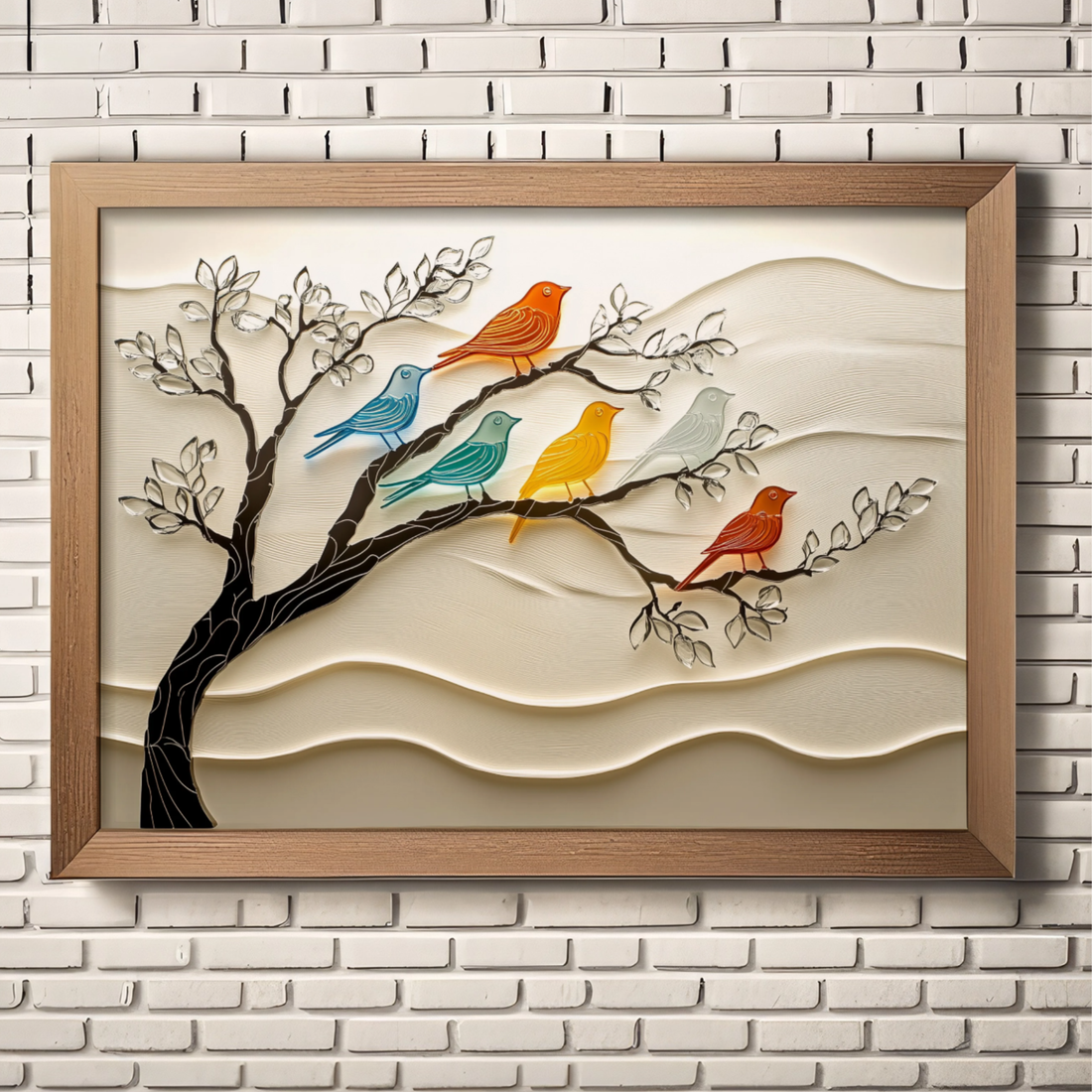 Artistic Harmony, Black Metal Tree Limb with Colorful Sea Glass Birds on Ivory Background. High Resolution Digital Download 300 DPI