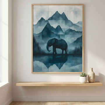 Majestic Elephant Serenity, Misty Mountain Landscape in Soothing Green Tones. High Resolution Digital Download 300 DPI