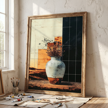Charming Vintage Ceramic Vase with Dried Flowers Against a Sunset Landscape. High Resolution Digital Download 300 DPI