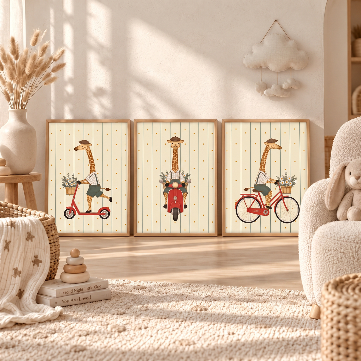 Giraffe adventure prints above a white sofa
