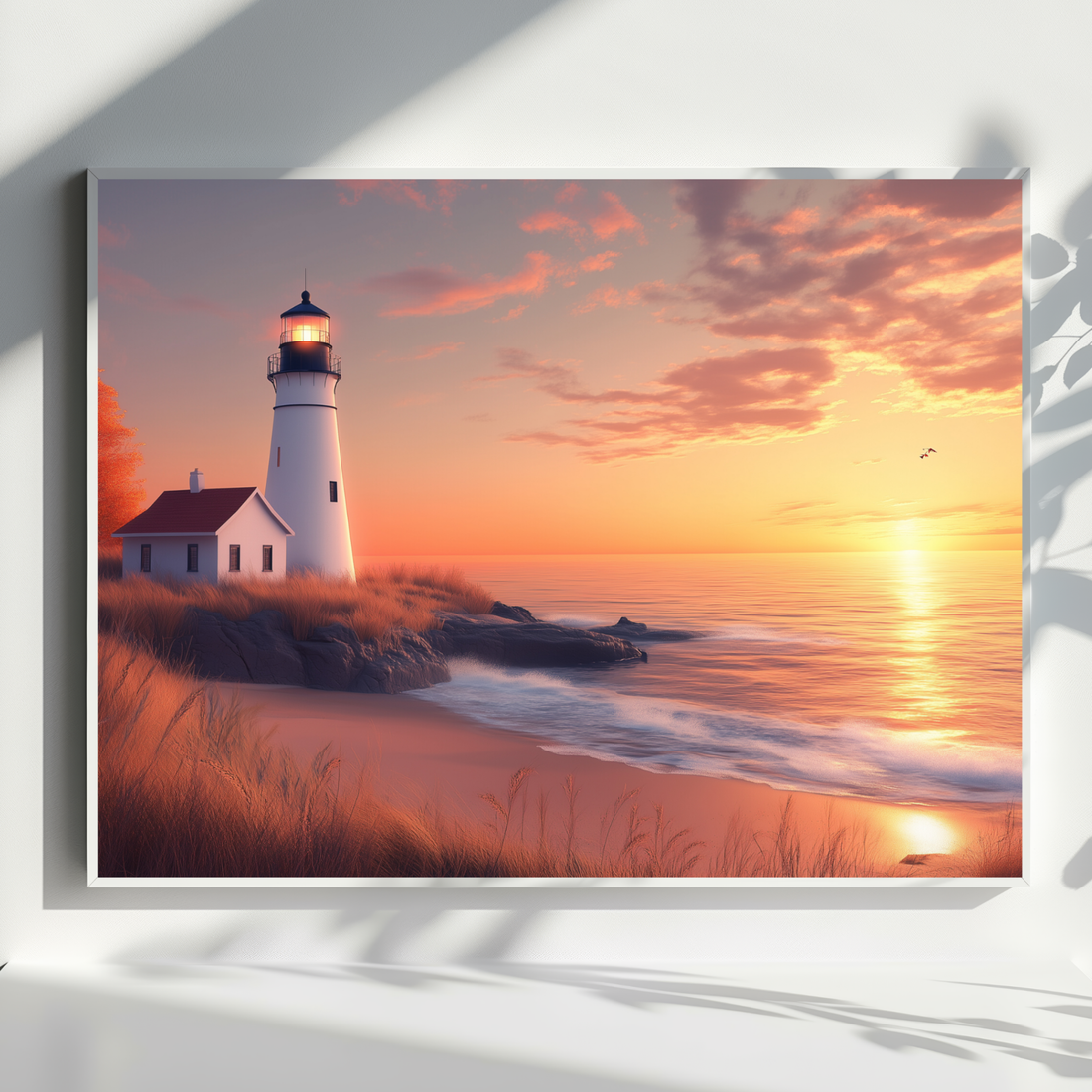 Coastal Twilight Serenity, Lighthouse Beach House Sunset Wall Art. High Resolution Digital Download 300 DPI.