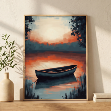 Pixelated Serenity, Retro Sunset Lake Boat Reflection Wall Art. High Resolution Digital Download 300 DPI.