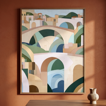 Geometric Wooden Wall Art of Old City in Pastel Tones. High Resolution Digital Download 300 DPI.