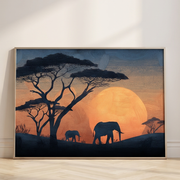 Golden Savannah Evening Wildlife Landscape with Elephants and Acacia Trees. High Resolution Digital Download 300 DPI.