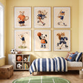 Sports animal print set above a striped kids bed