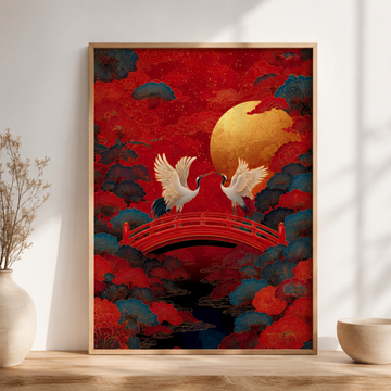 Elegant Lunar Crane Artwork Asian Inspired Festive Wall Art Design. High Resolution Digital Download 300 DPI.