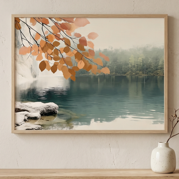 Autumn Leaves Lake Wall Art Golden Orange Waterfall Oil Painting. High Resolution Digital Download 300 DPI.