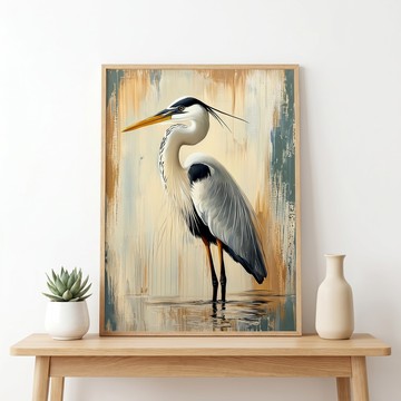 Abstract Heron Painting in Earthy Tones, Metallic Water Art. High Resolution Digital Download 300 DPI.