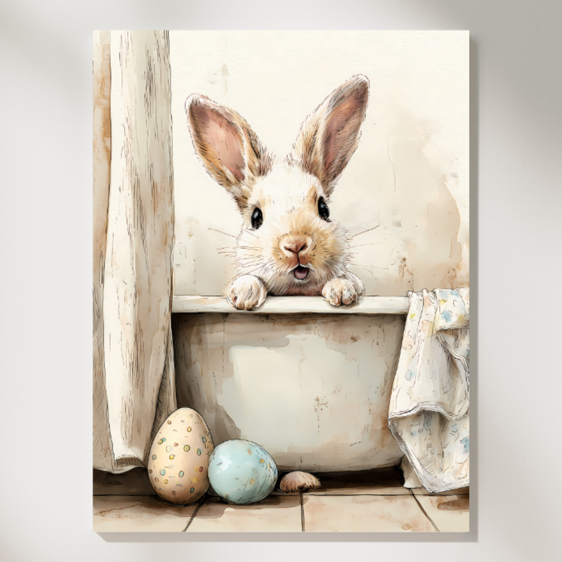 Adorable Bunny with Easter Eggs in Whimsical Dreamy Wall Art. High Resolution Digital Download 300 DPI.