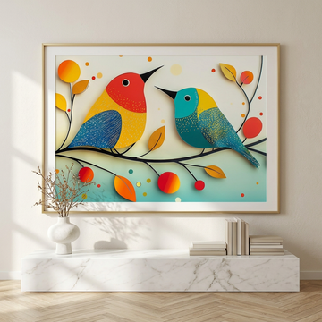 Autumn Avian Charm, Colorful Birds Dancing on Branch with Playful Polka Dots. High Resolution Digital Download 300 DPI