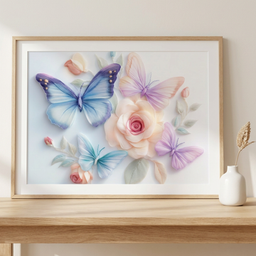 Blooming Butterflies, 3D Embroidered Floral Elegance in Pastel Hues. High Resolution Digital Download 300 DPI