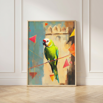 Beautiful Green Parrot Oil Painting, Nature Inspired Illustration Wall Art. High Resolution Digital Download 300 DPI.