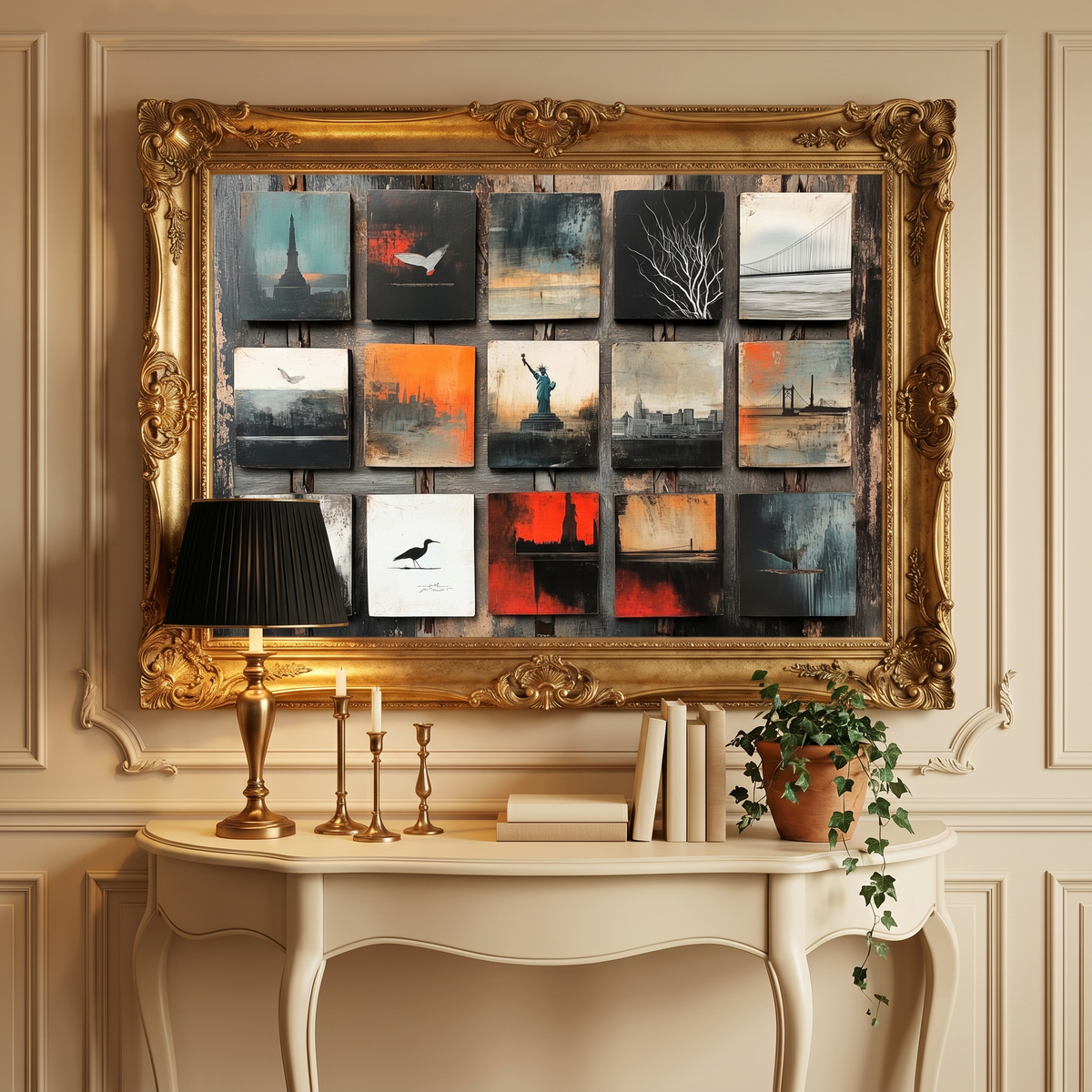 Americana collage print above a carved console