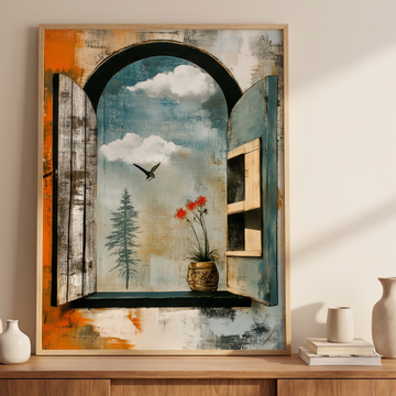 Tranquil Vista, Arched Window Cloud View Tree Floral Wall Art. High Resolution Digital Download 300 DPI.