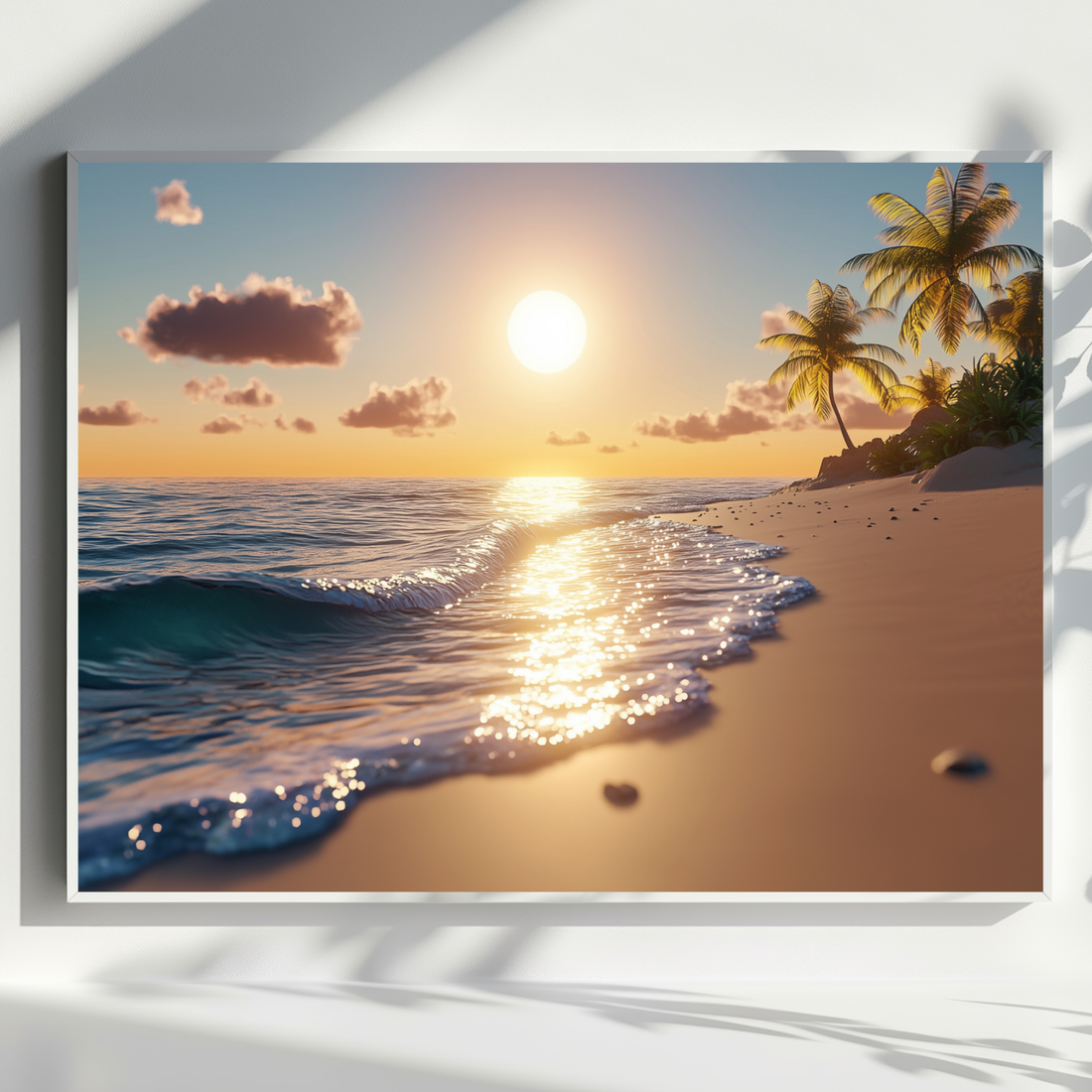 Serene Coastal Sunrise, Tranquil Beach Waves Reflections Wall Art. High Resolution Digital Download 300 DPI.