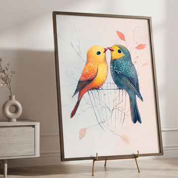 Charming Aviary, Colorful Birds on Wire Cage with Pastel Leaves and Branches. High Resolution Digital Download 300 DPI
