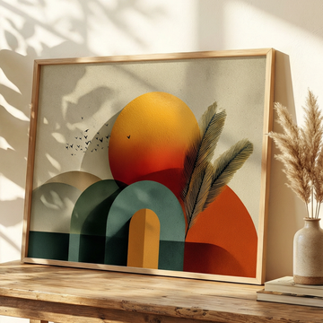 Modern Abstract Wall Art with Sun, Feathers and Geometric Harmony. High Resolution Digital Download 300 DPI.