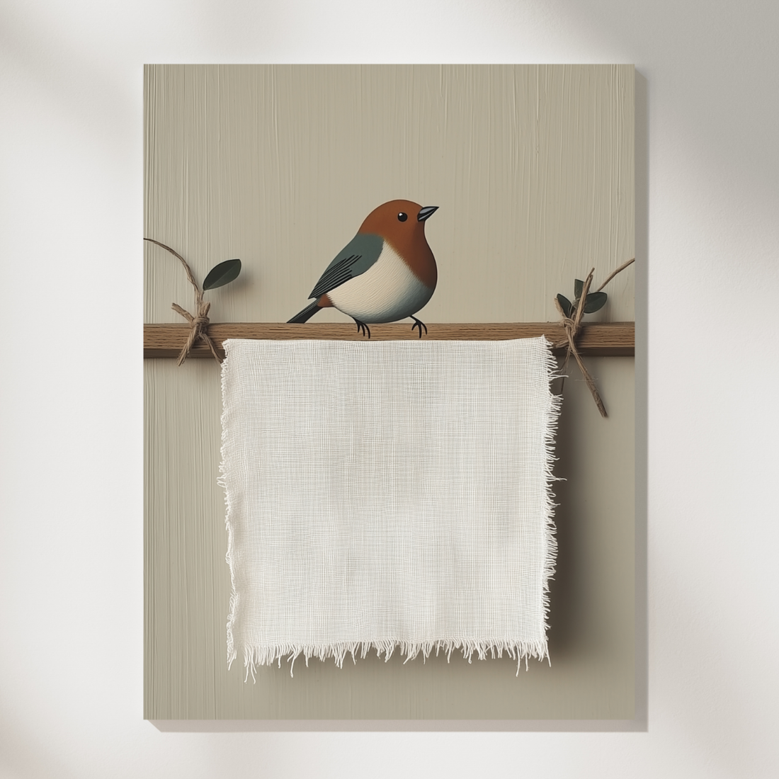 Charming Sparrow, Wall Art of Frayed Linen Cloth and Wooden Frame. High Resolution Digital Download 300 DPI