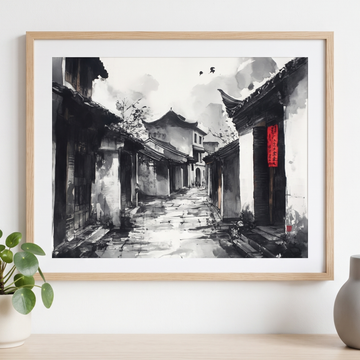 Kuanzhai Alley Wall Art Ink Painting Chengdu Historic Courtyard Chinese Style. High Resolution Digital Download 300 DPI.