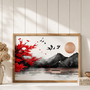 Striking Sunrise, Red Cherry Blossom and Black Birds Mountain Art. High Resolution Digital Download 300 DPI.