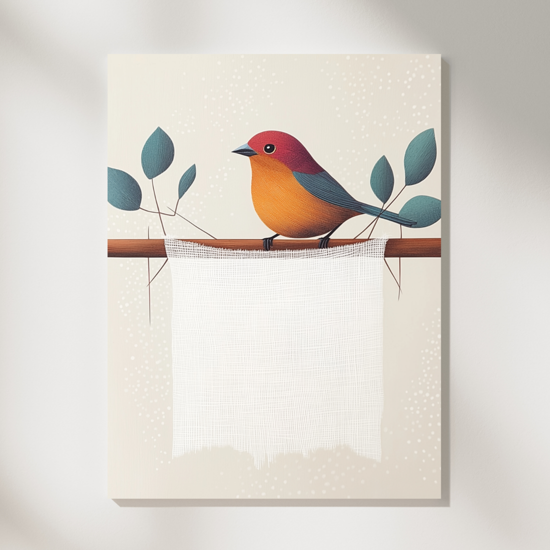 Vibrant Bird on Branch, Colorful Feathers Against Minimalist Background with Green Leaves. High Resolution Digital Download 300 DPI