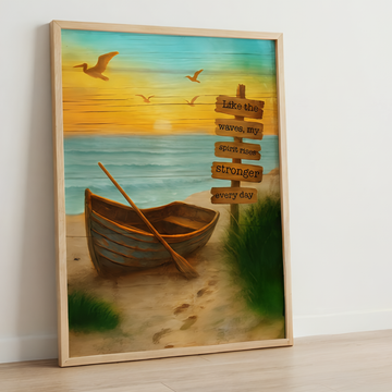 Vintage Rowboat Sunset Art with Inspirational Coastal Quote Illustration. High Resolution Digital Download 300 DPI.