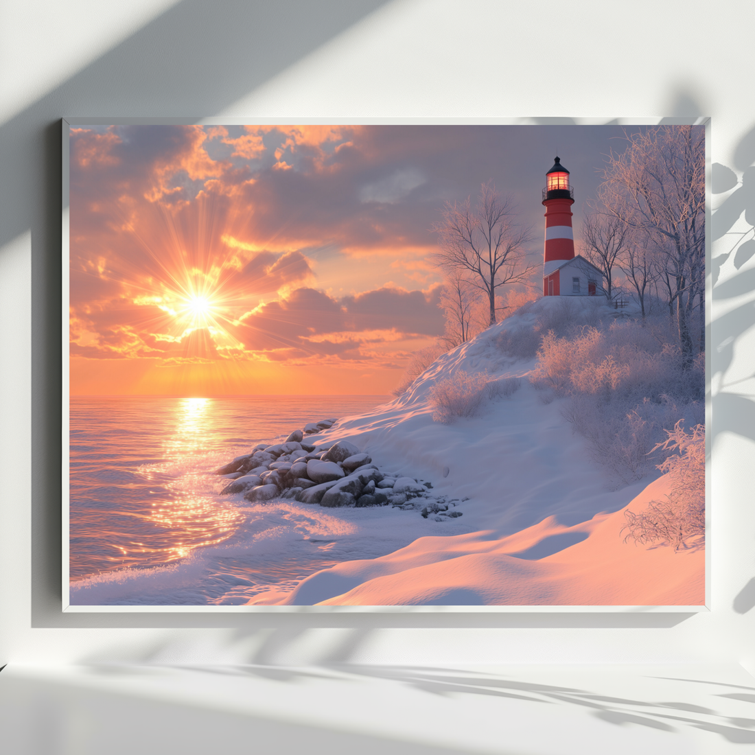 Radiant Winter Beacon, Icy Coastal Lighthouse Seascape Wall Art. High Resolution Digital Download 300 DPI.